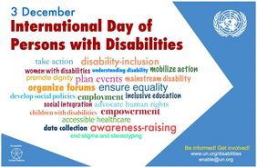 Poster zum Internationalen Tag der Menschen mit Behinderungen, neben dem Datum sind zahlreiche Schlagwörter zum Thema platziert: disability-inclusion, awareness-raising, equality etc.