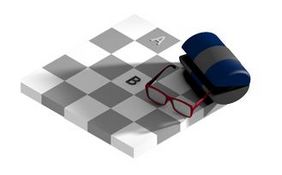 Bild einer optischen Täuschung: Auf einem schwarz-grauen Spielfeld in Schachbrettmuster sind die Buchstaben A und B auf zwei Feldern mit anscheinend unterschiedlicher Färbung platziert.