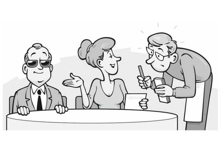 In einer Comiczeichnung verweist eine weibliche Begleitperson die Bedienung im Restaurant freundlich an die sehbehinderte Person für die Bestellung.