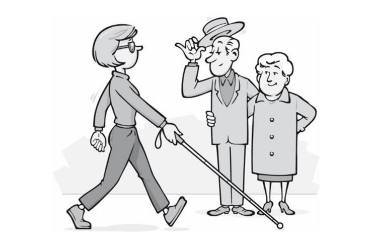 Eine Comiczeichnung zeigt wie eine Frau mit einem Blindenstock geht. Ein Mann und eine Frau machen ihr höflich Platz.