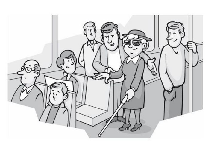Auf eine Comiczeichnung sagt ein Mann einer Frau mit Blindenstock, wo sich ein freier Sitzplatz befindet.