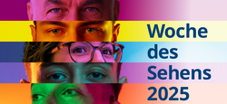 Kampagnenmotiv der Woche des Sehens 2025: Fünf poppig-bunte Querstreifen. In der linken Hälfte des Motivs dienen sie jeweils als Hintergrund für die Augenpartie eines Gesichts. Die Augenpartien wirken „aufeinandergestapelt“, zwei werden im Halbprofil gezeigt, drei frontal. Rechts in blauer Schrift verteilt über vier Streifen der Schriftzug „Woche des Sehens 2025“.
