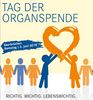 Logo des Organspendetags: Zeichnungen von Icons, die Frauen und Männer in einer Reihe stehend darstellen. Zwei Figuren sind leicht vergößert und halten ein gezeichnetes Herz in den nach oben ausgestreckten Händen.