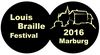 Logo des Louis Braille Festivals 2016: zwei schwarze Kreise, die ineinander übergehen. Linker Kreis mit Text "Louis Braile Festival", rechter Kreis mit Silouette von Marburg, darunter der Text "2016 Marburg"