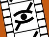 Auf orangerotem Hintergrund liegt schräg von links oben nach rechts unten ein stilisierter schwarz-weißer Filmstreifen. Auf diesem schwarz auf weißem Grund ein durchgestrichenes Auge.