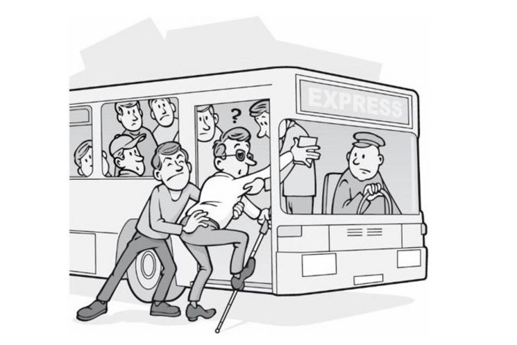 Eine Comiczeichnung zeigt, wie ein Mann eine andere Person mit Blindenstock in einen Bus schiebt.