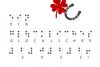 Auf weißem Grund steht in Brailleschrift "Ein glückliches 202!" Darunter steht in rot die Übersetzung. ben rechts ein rotes Kleeblatt und ein graues Hufeisen